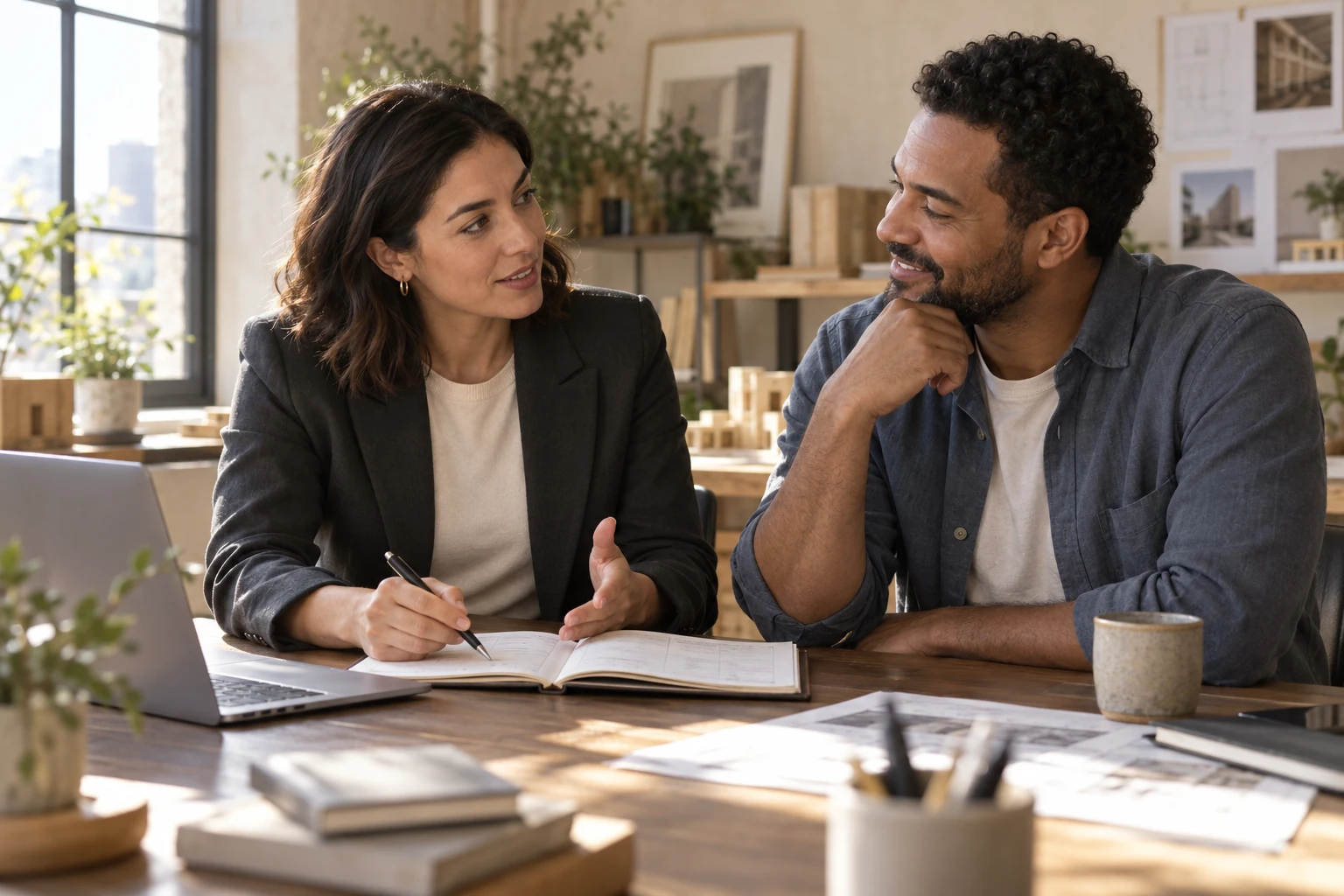 Illustrative advisor and business owner talking through a ledger together