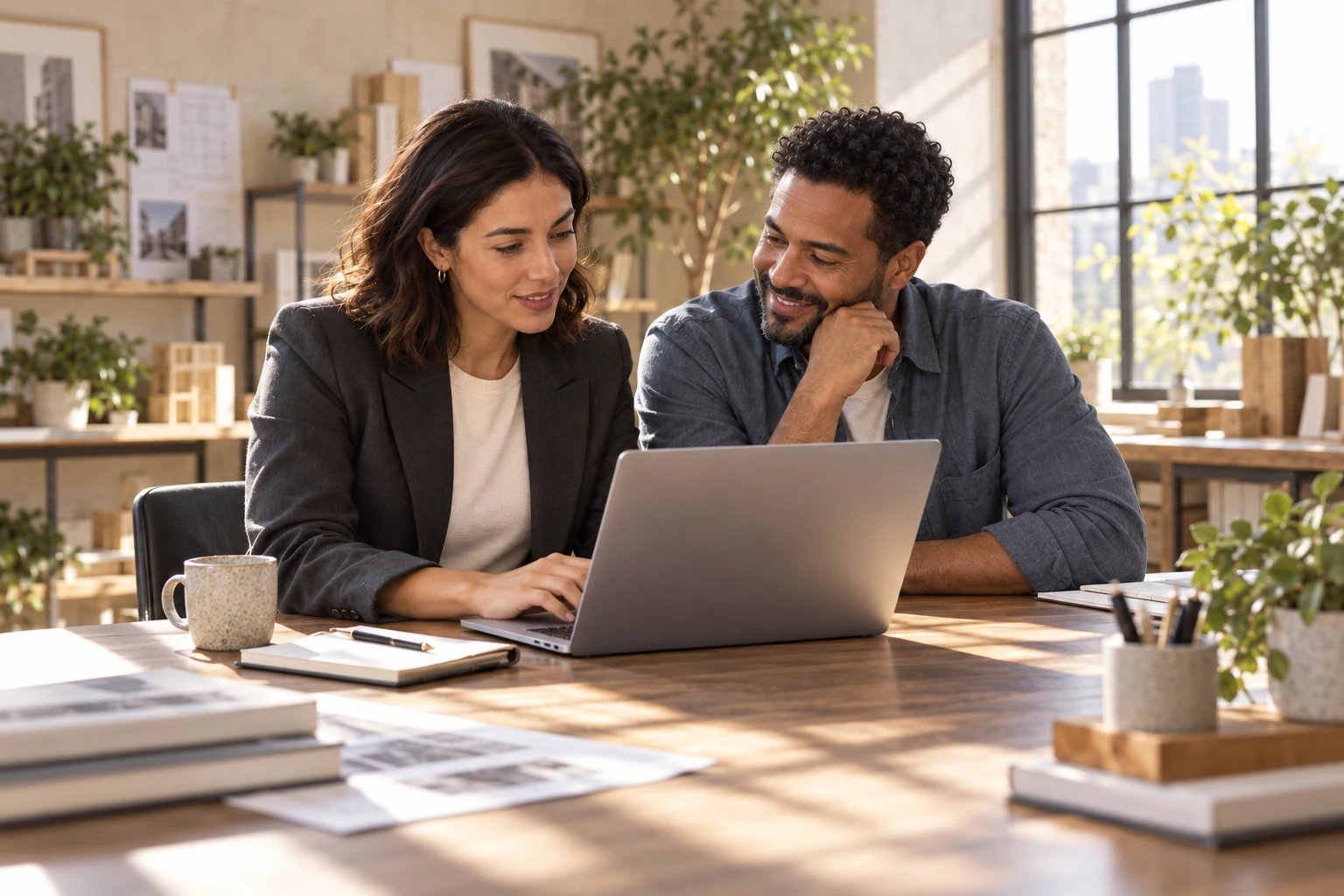 Illustrative advisor and business owner working through a task at a laptop